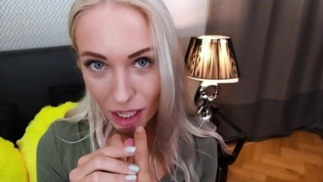 After eating a banana charming blondie Angelika Grays gives BJ and rides cock