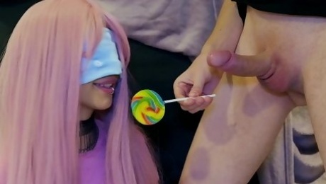 Daring pink-haired babe plays 'guess the taste' with sweets and cocks